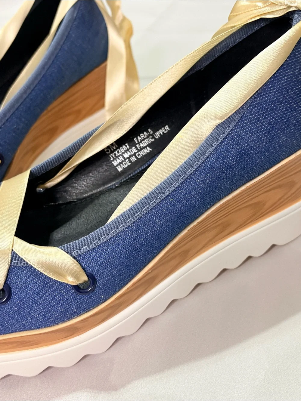 Cape Robbin Denim Blue Ballet Flats with Cream Ribbon